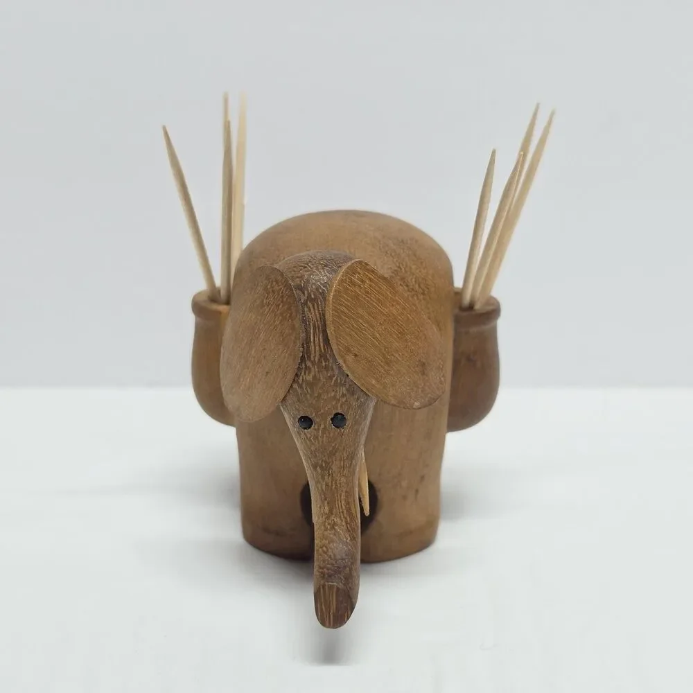 Vintage Wooden Elephant Toothpick Holder Kitchen Colonial Decor Appetizers As Is